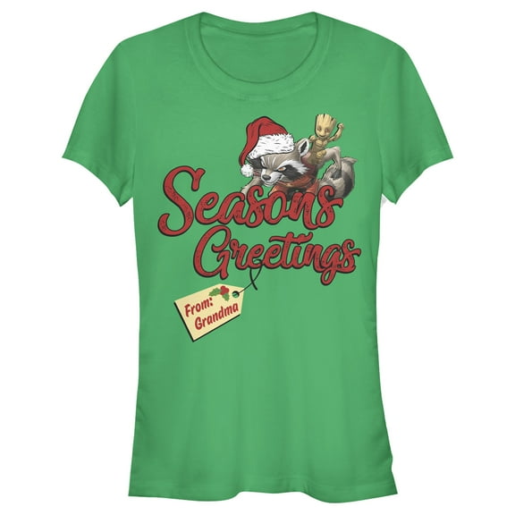 Junior's Marvel Christmas Rocket & Groot Grandma Greetings  Graphic Tee Kelly Green Small