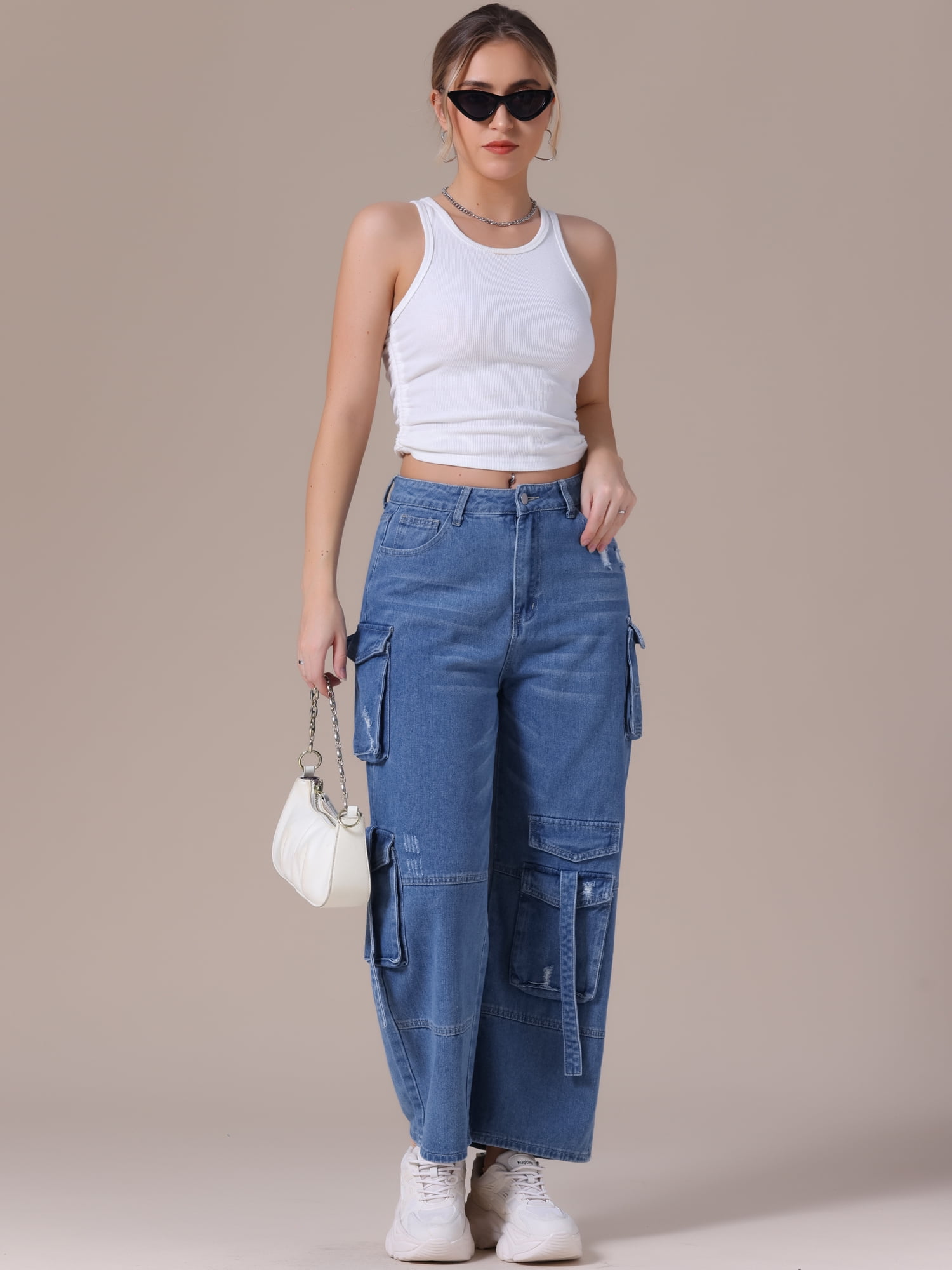 DARING DIVA Women's Cargo Jeans Straight High Waist Baggy Denim Pants L Blue