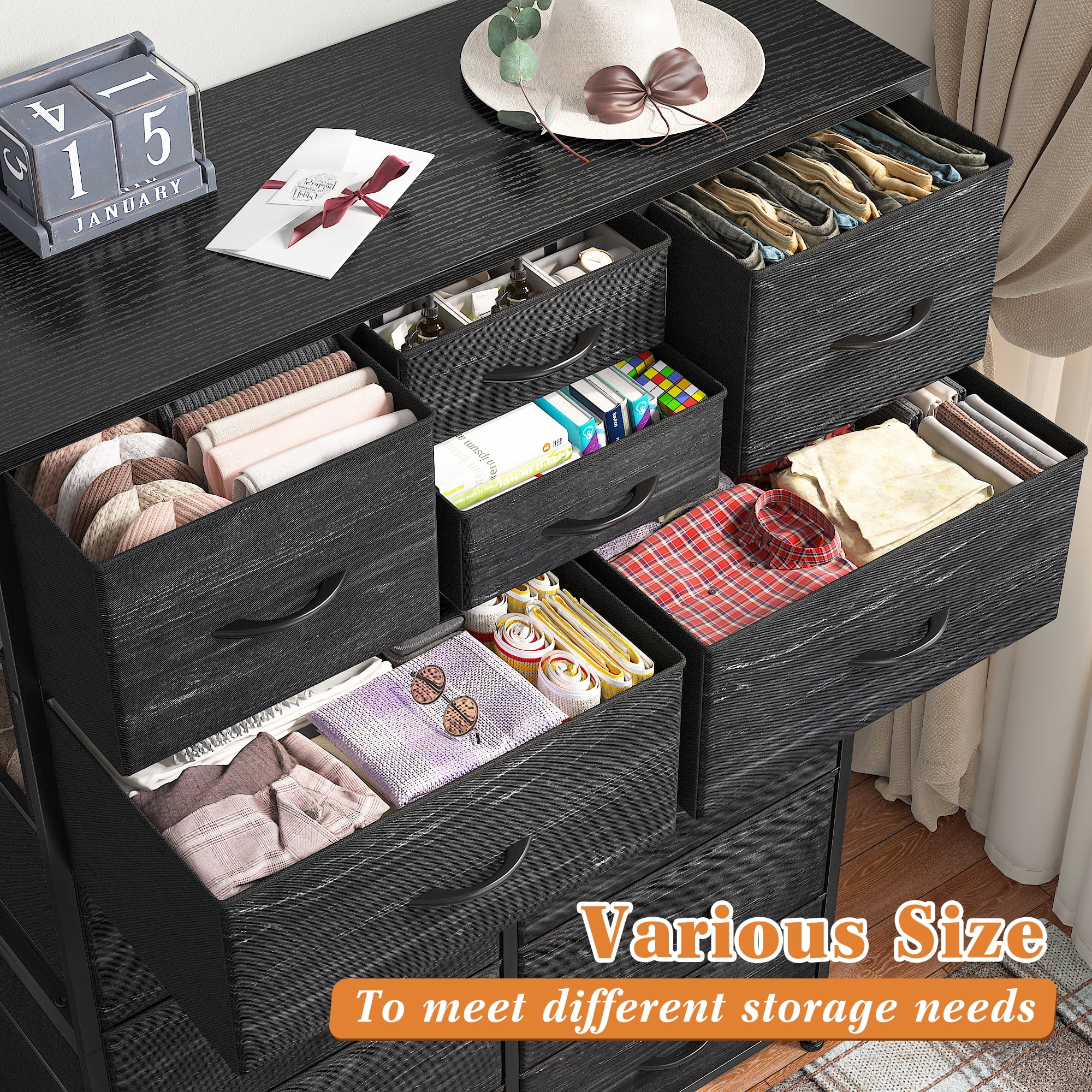 EnHomee Dressers for Bedroom with 14 Fabric Drawers Tall Dresser & Chests of Drawers Storage Tower for Living Room, Black