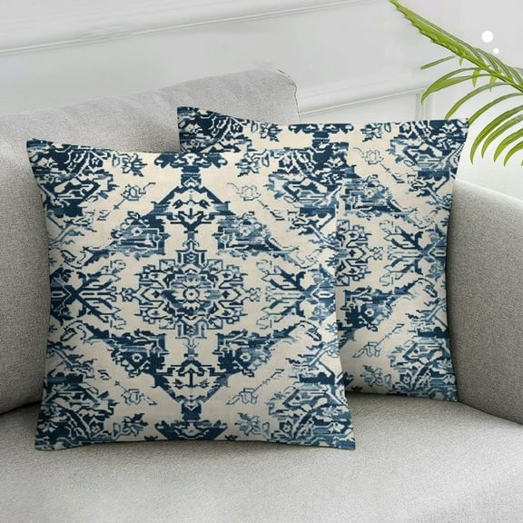 Acheng Boho Throw Pillow Covers Set of 2, Asian Scenic Blue White Throw Pillows Vintage Farmhouse Decorative Pillowcase Cushion Cover for Home Sofa Bedroom Outdoor White