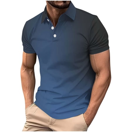 VSSSJ Men s Golf Shirts Trendy Casual Gradient Color Summer Shirt Short Sleeve Collared Button Workout Athletic Fashion T-Shirts Navy XL