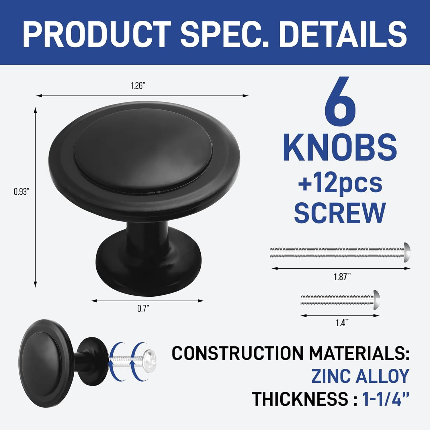 LifeMaster 6pcs 1-1/4" Matte Black Cabinet Knobs - Rust-Proof, Modern Design, Strong Zinc Alloy, Drawer Pulls with Short and Adjustable Screws - Stylish Handles for Kitchen, Dresser, and Cabinets