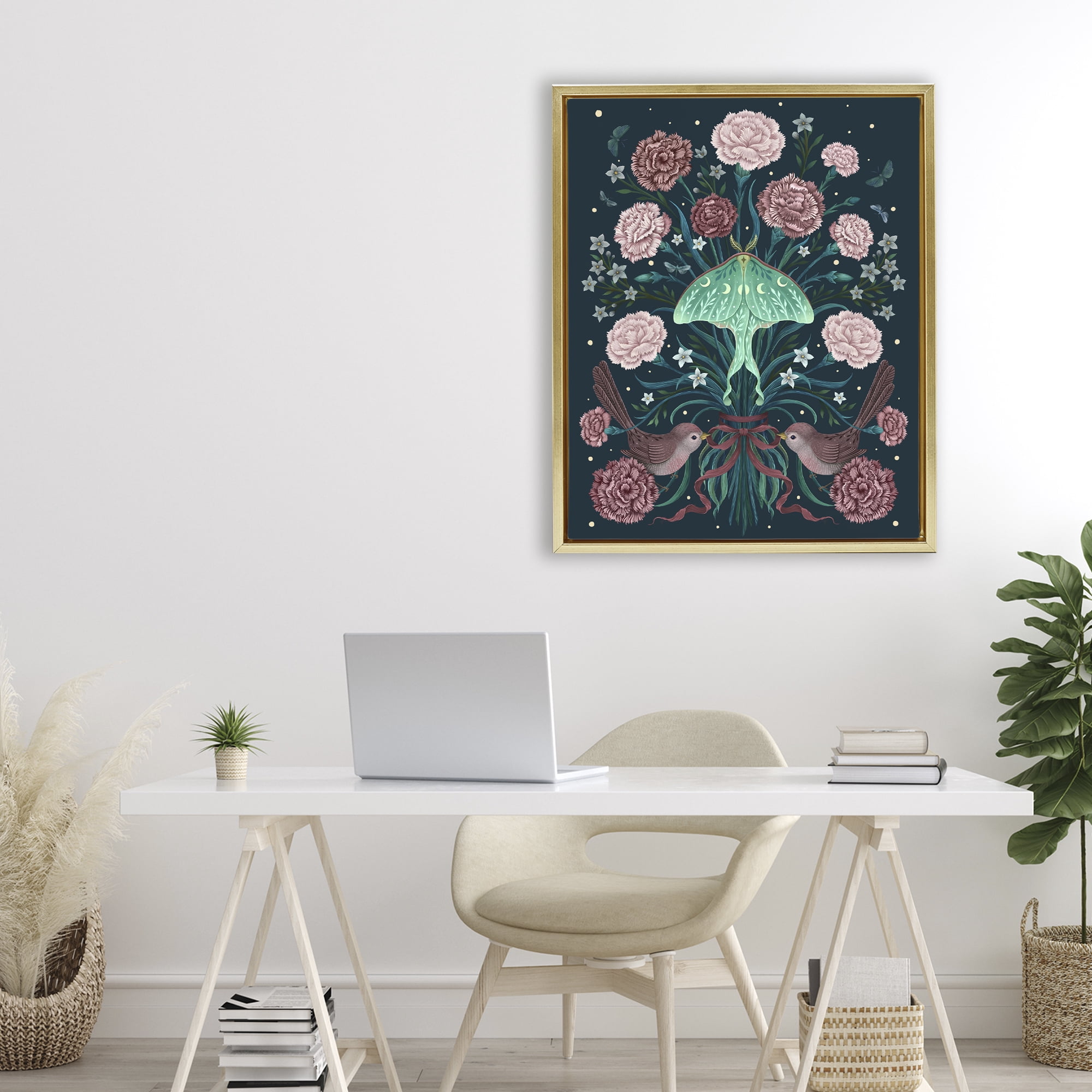 Stupell Industries January Carnations & Moth Gold Framed Floater Canvas Wall Art, design by Episodic Drawings