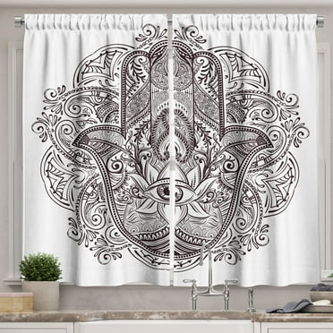 Ambesonne Hamsa Kitchen Curtains, Swirls from East, 55"x39", Dark Brown and White
