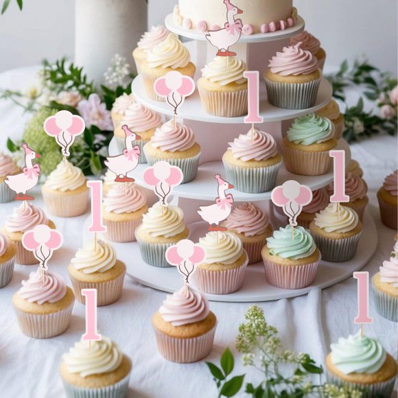Decoración para cupcakes, 12 unidades, para el primer cumpleaños de Silly Goose, color rosa