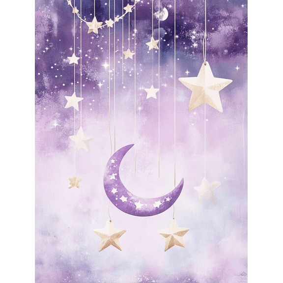 Qisvanset Purple Moon & Stars Canvas Painting, 40x30cm for Nursery Dorm Room
