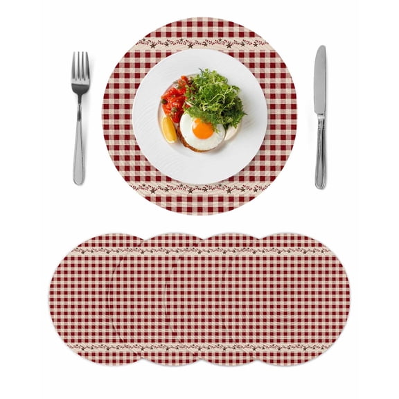 Country Star Plaid Round 15 Inch Placemats Set of 4, Retro Red American Farm Barn Berry HeatResistant Non Slip Place Mats for Dining Table, Wipeable Braided Kitchen Table Mats for Housewarming