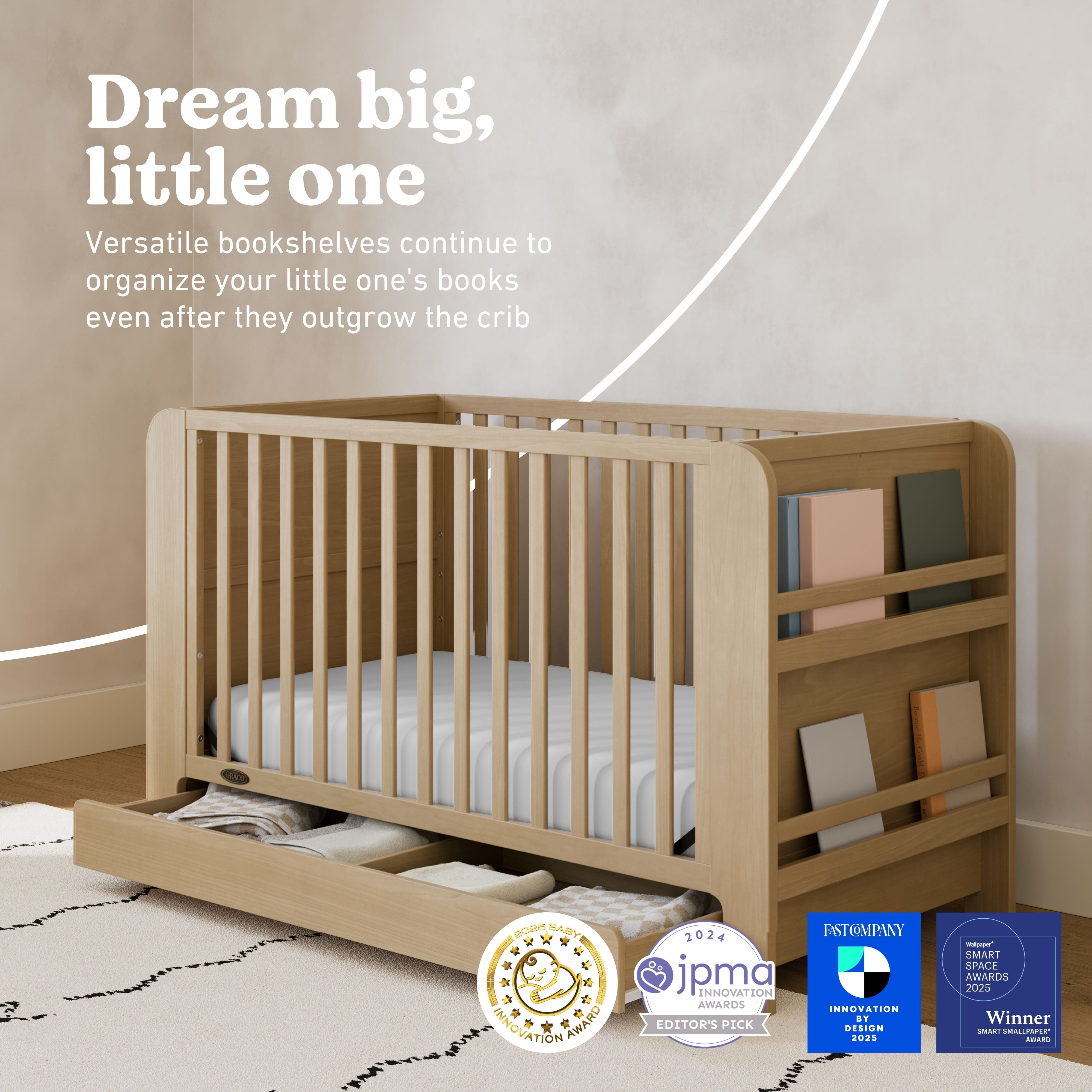 Graco Read-with-Me 4-in-1 Convertible Baby Crib with Drawer, Driftwood