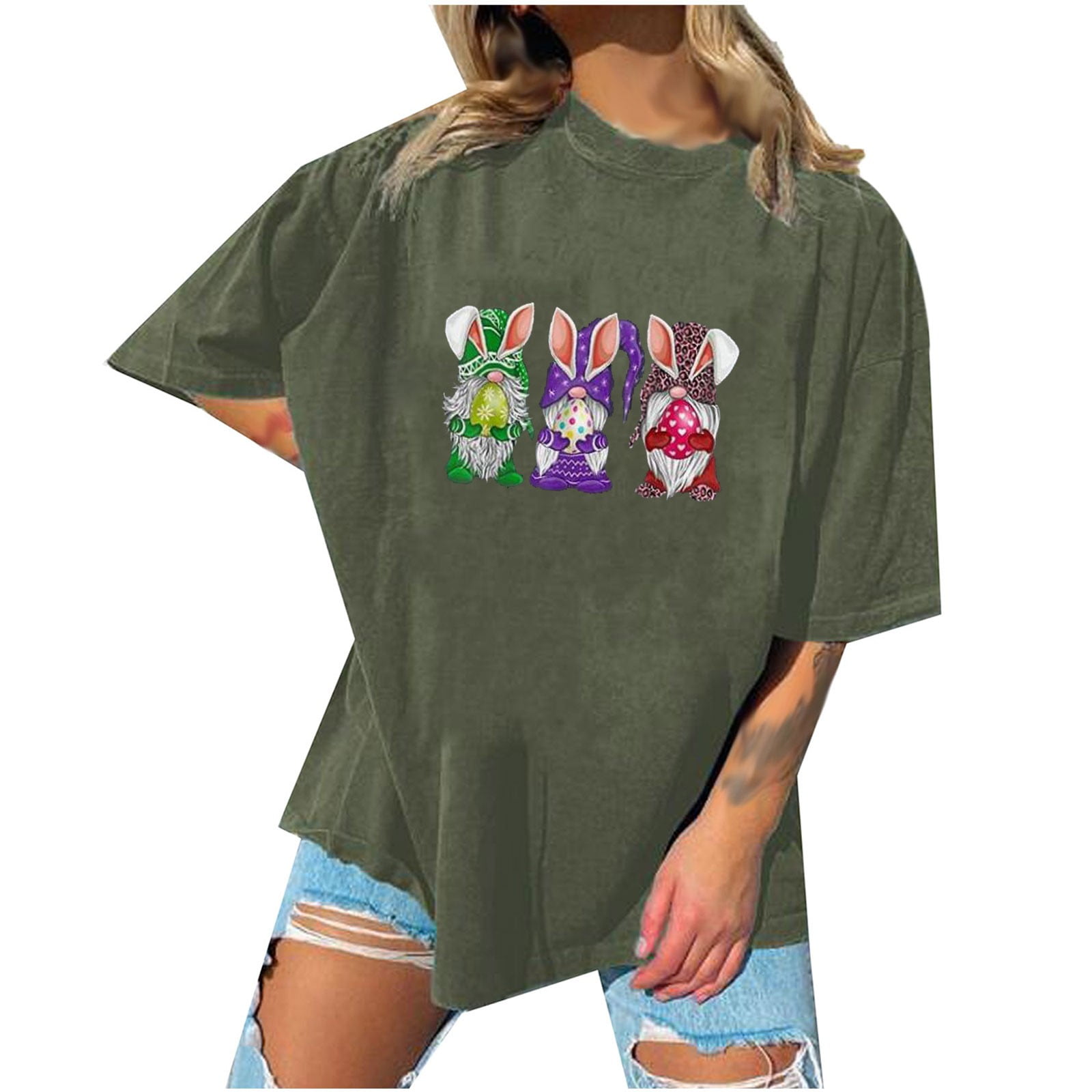 Womens Easter T Shirts Loose Fit Letter Print Bunny Basket Eggs Graphic