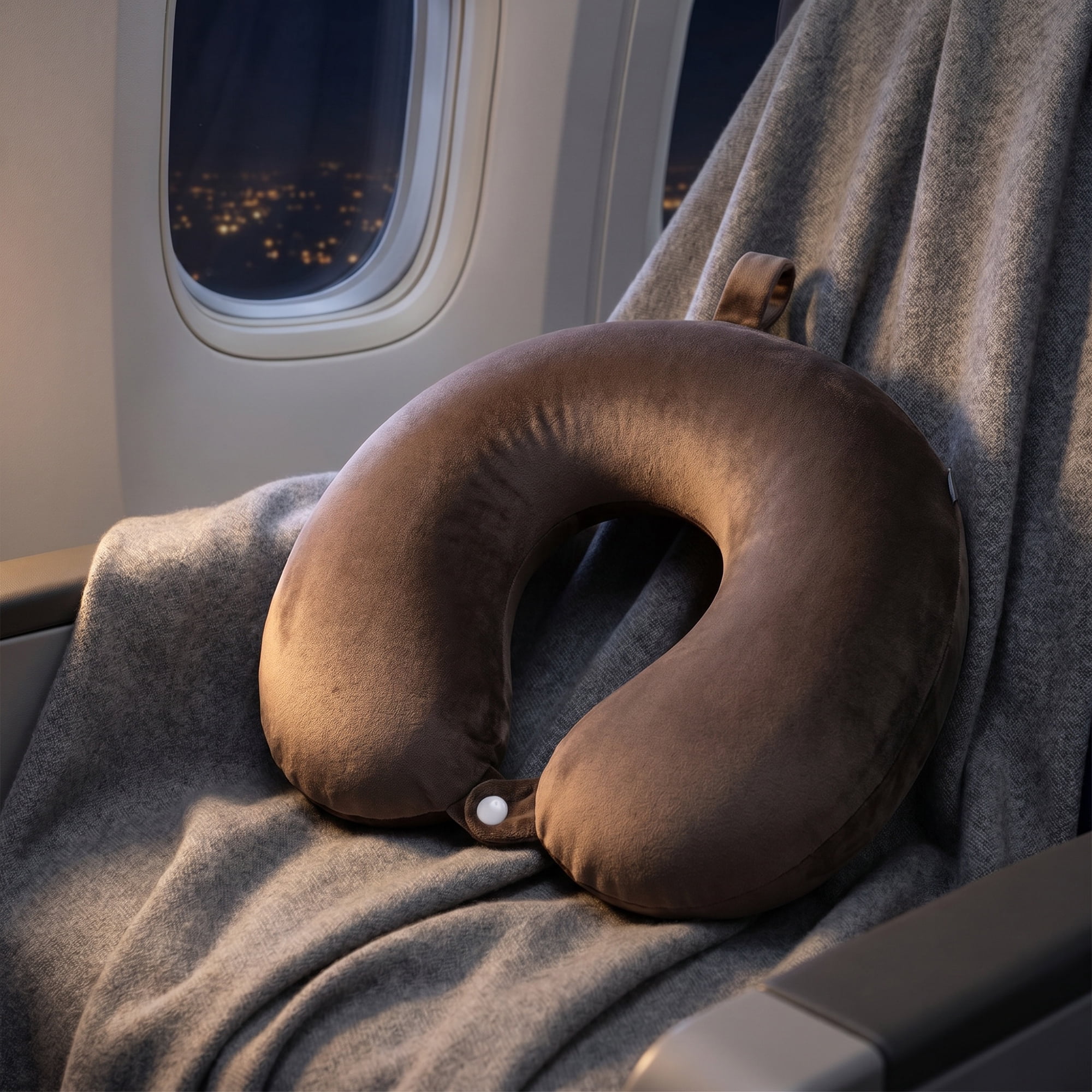 Unique Bargains Memory Foam Travel U Shape Neck Pillow Snap Closure Dark Khaki 12"x12"x4"