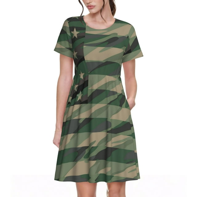 Fotbe Robe Motif Drapeau Camouflage Vert Jungle, Mode Décontractée pour Femmes, Robe Maxi à Manches Courtes, Robe T-Shirt Rayée Longue à Blocs de Couleur