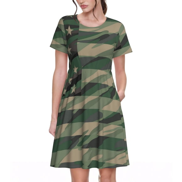 Cauagu Jungle Green Camo USA Flag Print Summer Dresses for Women 2025 Loose Short Sleeve Casual Sundresses with Pockets