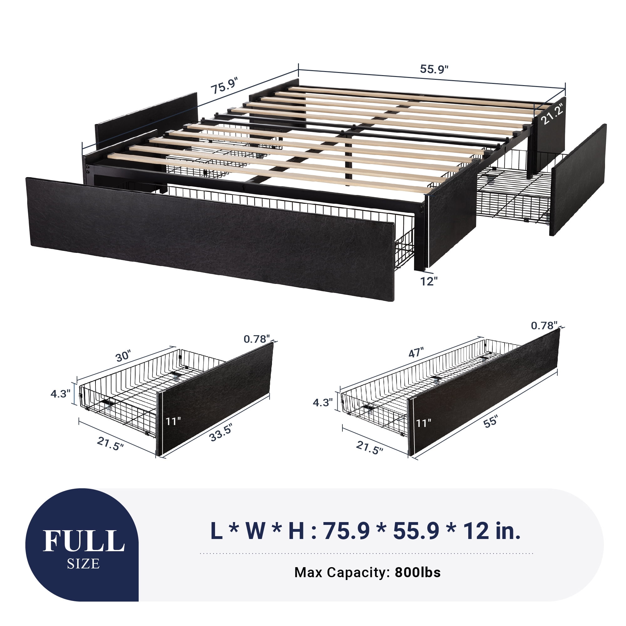 Allewie Full Size Platform Bed Frame with 3 Storage Drawers, Faux Leather Upholstered, Black