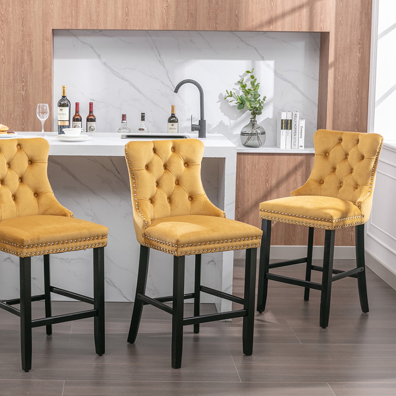 Demi Bonn 40" Counter Height Bar Stools Set of 2, Velvet Upholstered Barstools with Back, Kitchen Island Countertop Chairs for Dining Room, Gold