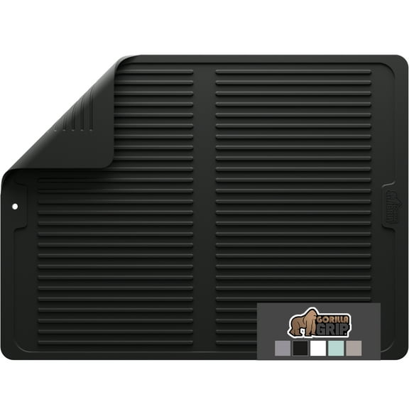 GORILLA GRIP Dish Drying Mat for Kitchen Counter, Waterproof Silicone Dishwashing Mat, 16x12, Black