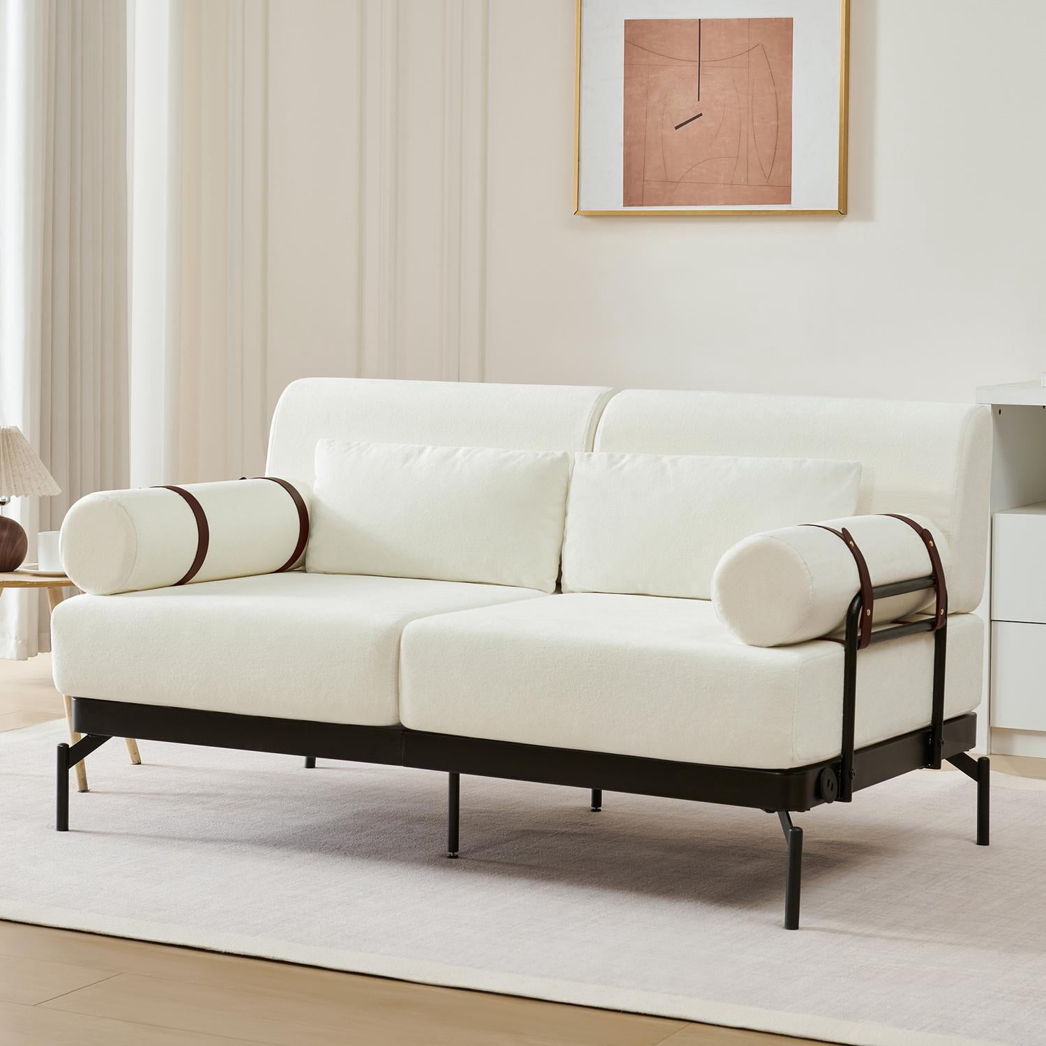 59" Loveseat Sofa with USB Ports,Modern Sofa Couch 2-Seater Sofa with 2 Pillows,Cylindrical Armrests for Living Room Bedroom Apartment,Beige