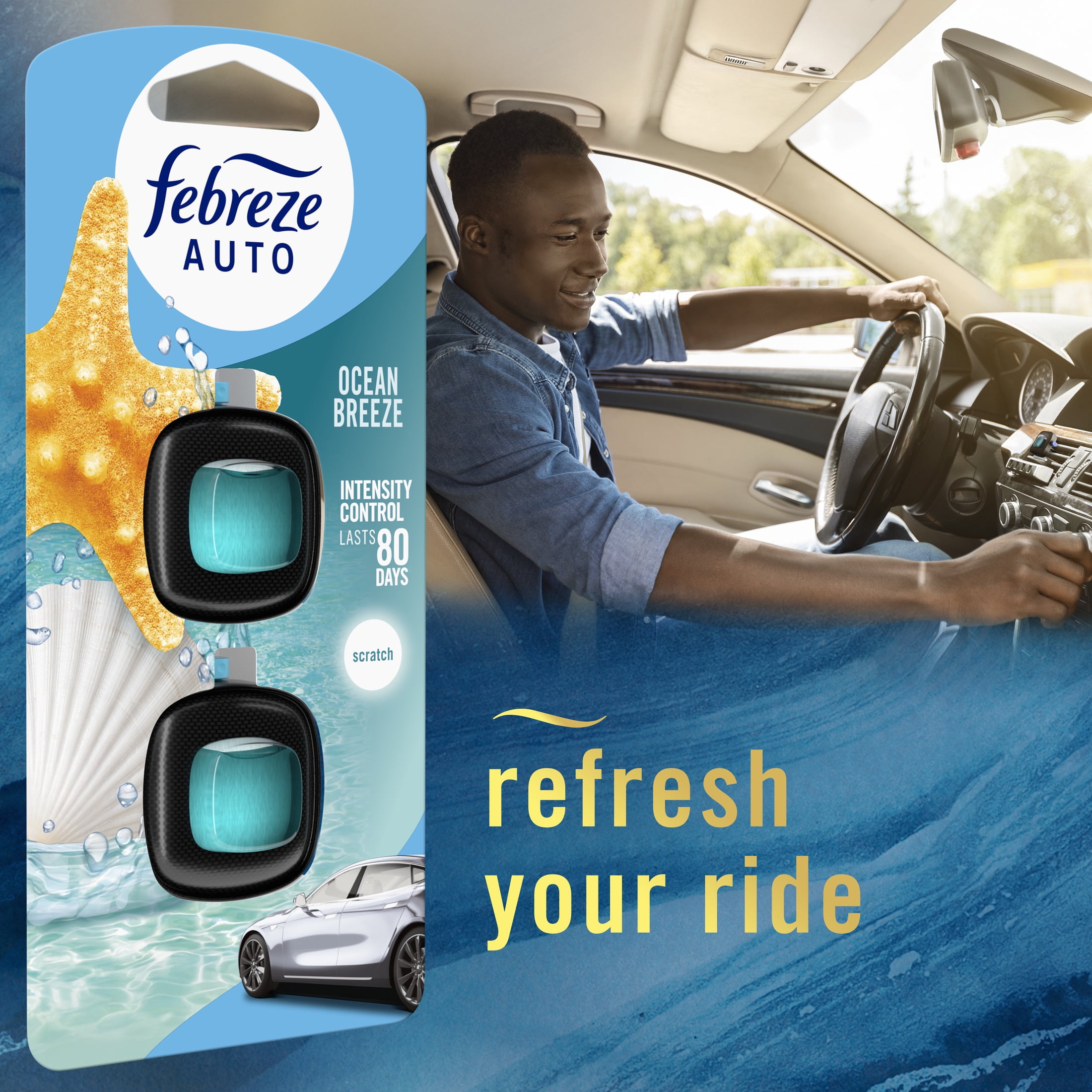 (2 pack) Febreze AUTO Car Air Freshener, Odor-Fighting Car Vent Clip, Ocean Breeze, 2 Count
