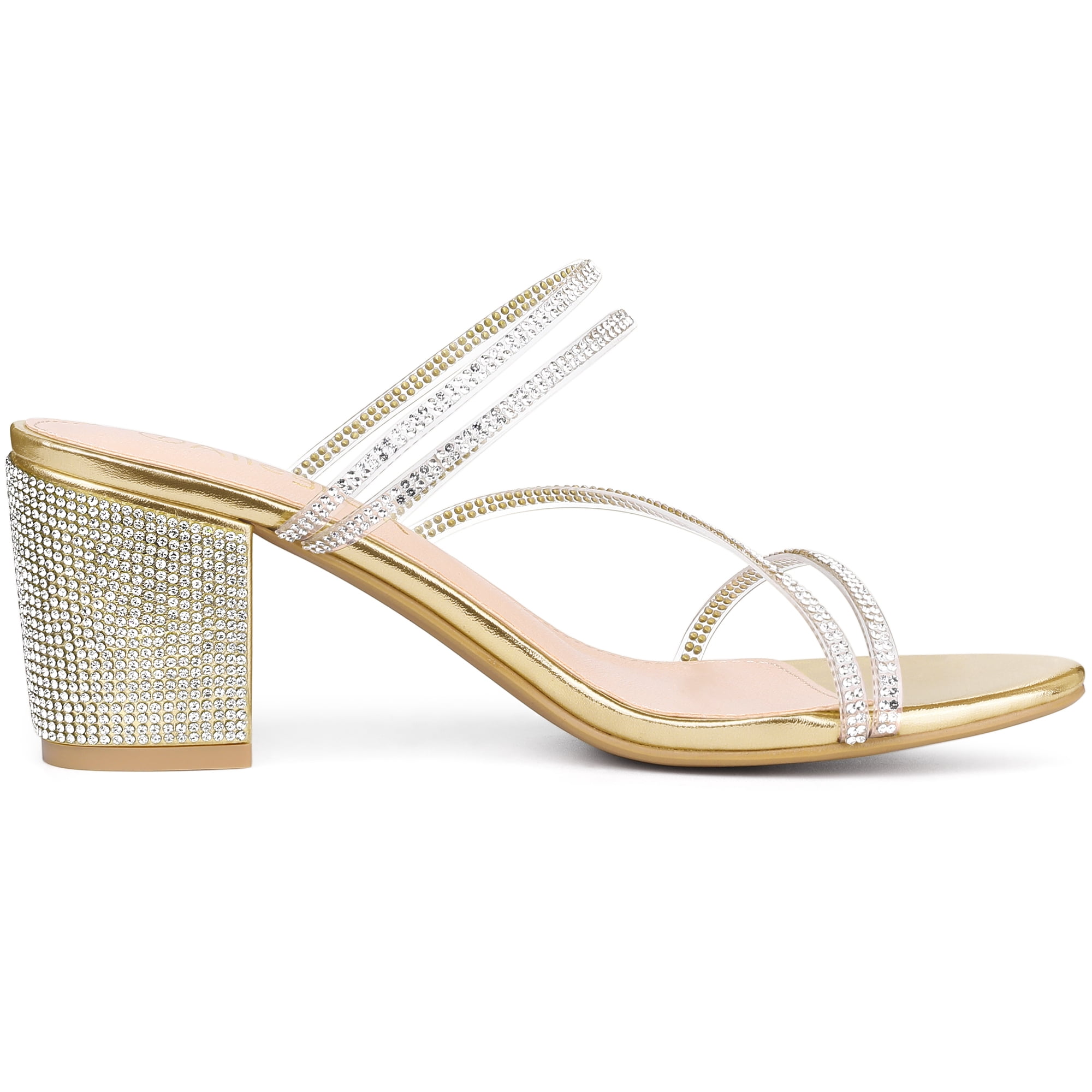 DARING DIVA Women's Rhinestone Block Heel Slide Sandals Gold 6