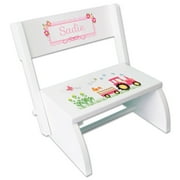 Angle View: Personalized Pink Tractor White Flip Step Stool