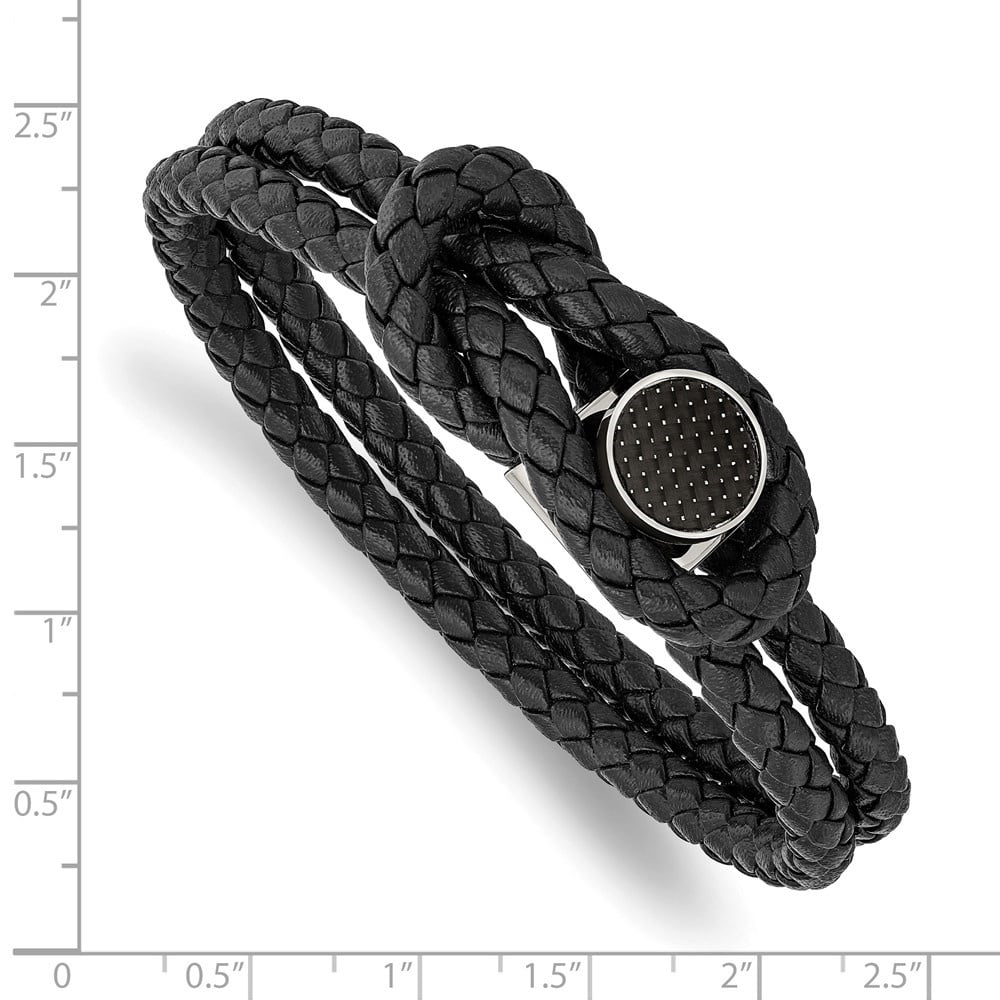Diamond2Deal Stainless Steel Polished with Black Carbon Fiber Inlay Black Braided Leather Bracelet for Men 8.5"