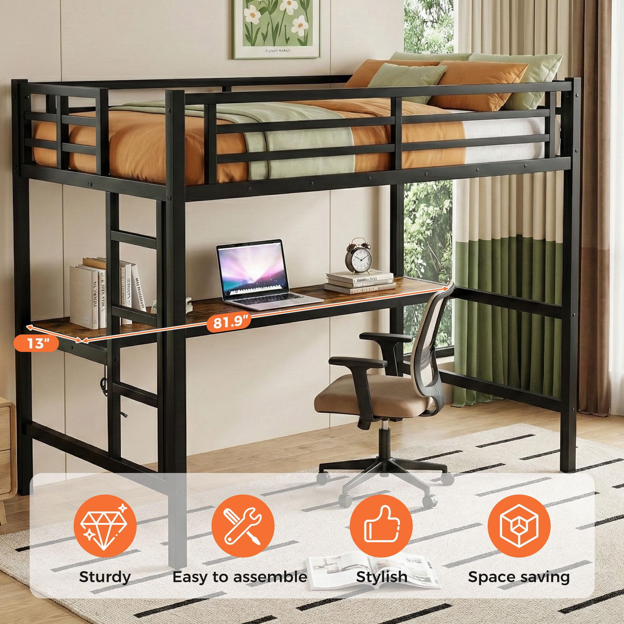 Miniyam Twin XL Metal Loft Bed Frame with Desk & Charge Station, Black
