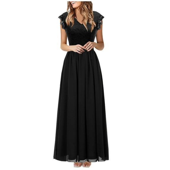 Wycnly Summer Dresses for Women Elegant Lace Patchwork Evening Party Pleated Swing Long Dresses 2025 Sleeveless V-Neck Solid Maxi Formal Dress Black l