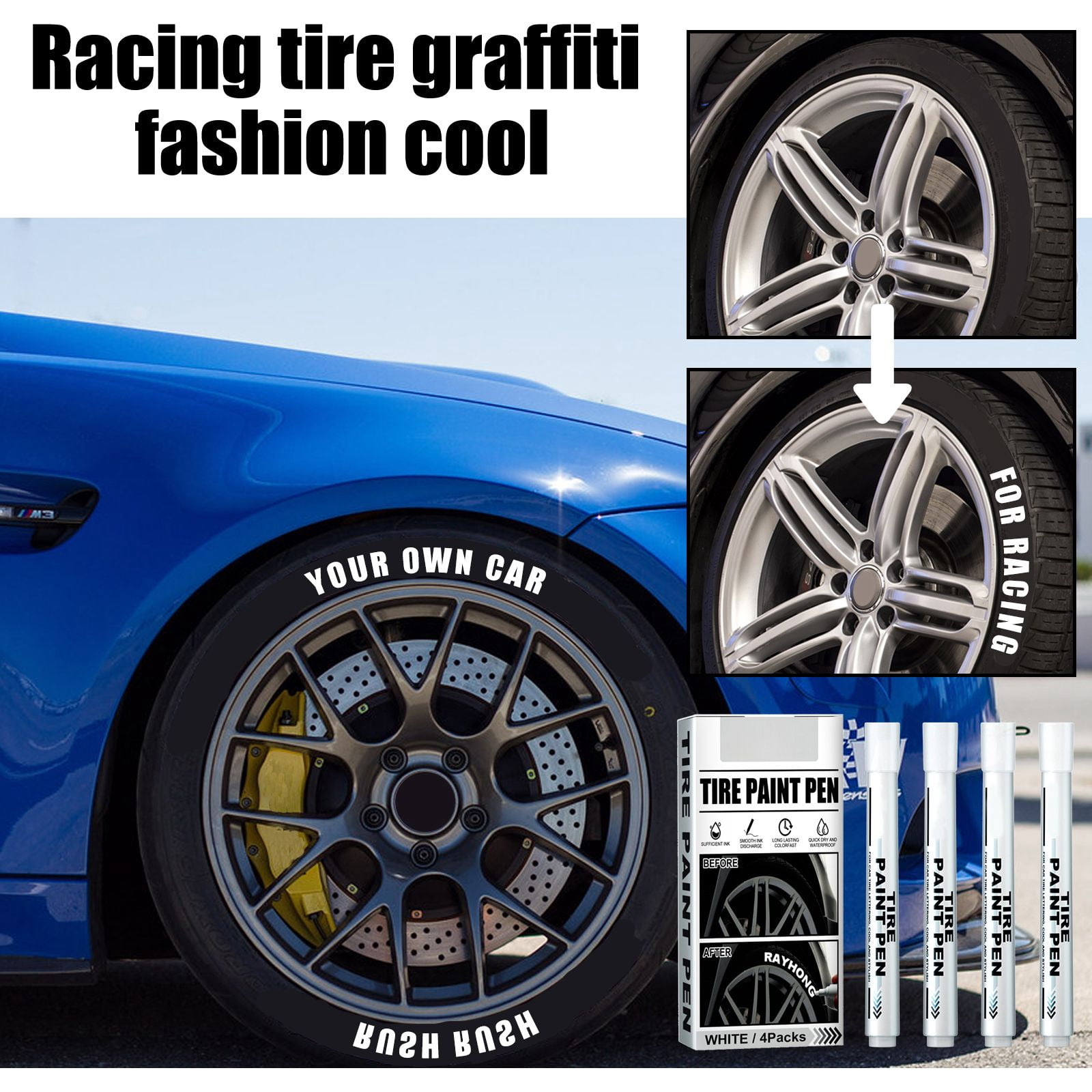 Alvantor White Tire Paint Pen, Car Tire Lettering Marker for Decorative Graffiti & Touch-Up, 4PCS