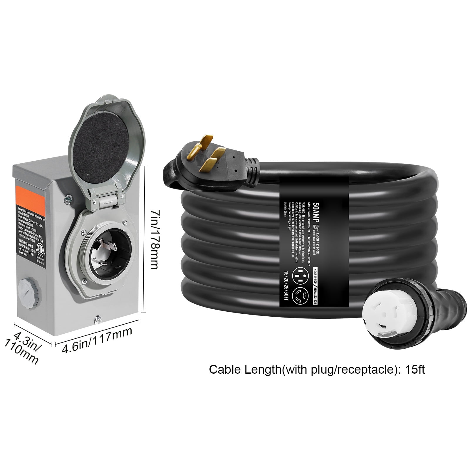 SKYSHALO Generator Cord with Inlet Box, 15FT 50 Amp, RV Extension Cord NEMA 14-50P/SS2-50R, 6/3+8/1 AWG, Twist Lock Connector, Pre-Drilled Power, ETL Certified