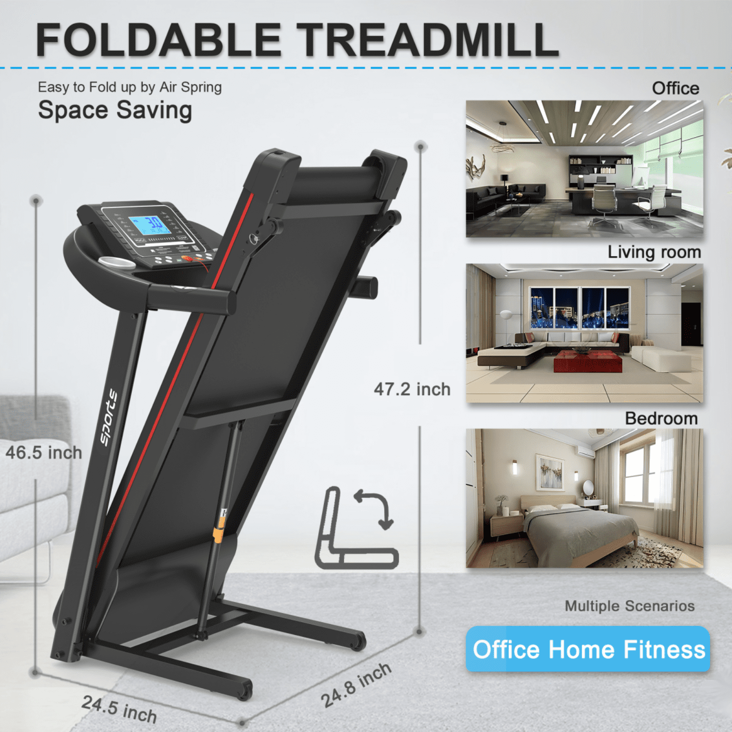 Fitshow App Home Foldable Treadmill with Incline, 250 LB Capacity, Bluetooth Music, 5" LCD Screen, Hydraulic Folding for Easy Storage, 12 Workout Programs
