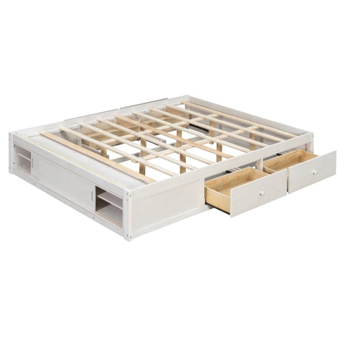 Queen Size Platform Bed Frame with 4 Storage Drawers and Footboard Storage Cubby, No Headboard Design Solid Wood Platform for Bedroom, White