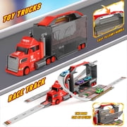 Carsky 2-in-1 Carrier Truck Race Track Playset, 37 Extra-Long Track w/ Parking Lot, 17 Transporter Carrier 4 Metal Mini Cars, Educational Gift Racing Toy for Boys & Girls Ages 3-8