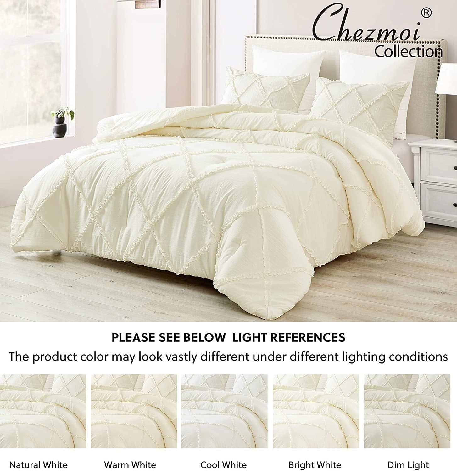 Chezmoi Collection Vivian 3-Piece Diamond Ruffle Trim Washed Microfiber Comforter Set