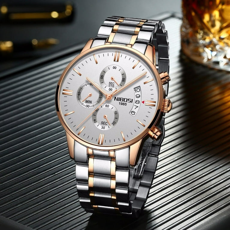 NIBOSI Relojes para hombre, cronógrafo, vestido de negocios, reloj  analógico de cuarzo para hombre, marca de lujo, fecha, reloj deportivo (oro  rosa