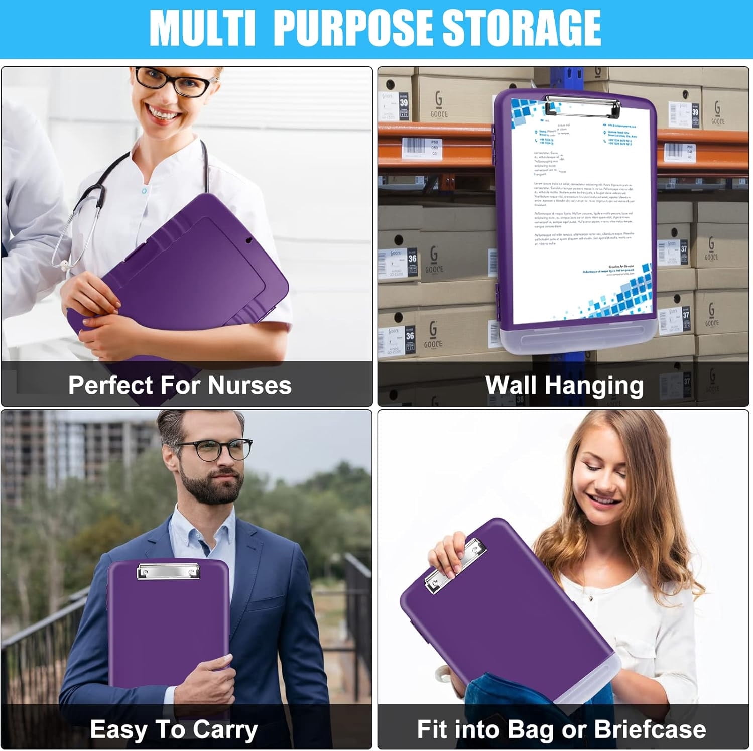 NOGIS Plastic Clipboard with Storage, 8.5 x 11 Large Capacity Nursing Clipboards with Pen Holder, Folio & Side-Opening for Classroom, Teacher, Student, Nurses, Smooth Writing, Purple