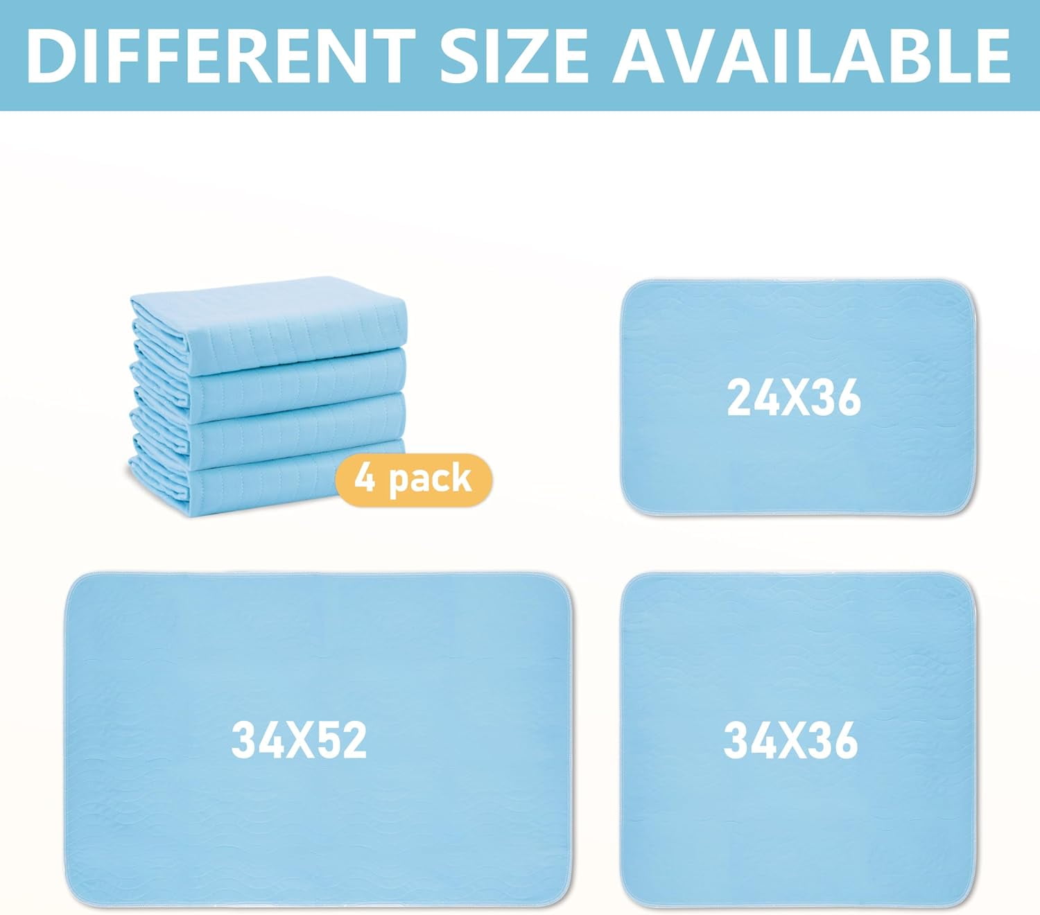 Washable Underpads, 34"x52" 4 Pack Incontinence Bed Pads, Heavy Absorbency Reusable for Elderly, Kids, Adults and Pets, Waterproof Quick Drying for Bed, Sofa, Floor