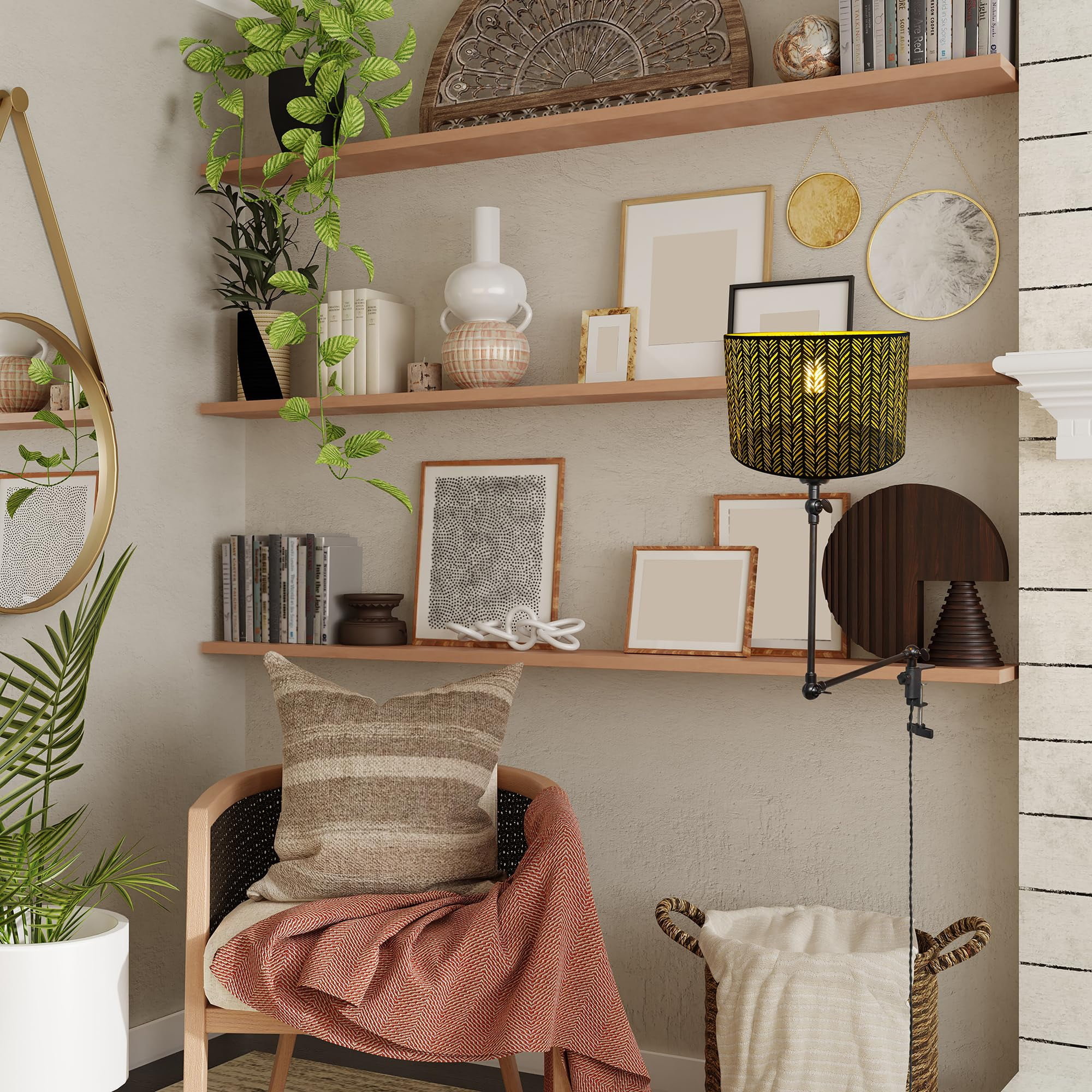 Kiven Dimmable Clip-on Desk Lamp, 1-Light Rattan Nightstand Lamp with Flexible Arm, 8.2FT Plug in Cord, Decorative Clamp Lamp for Office Home Bookshelf Bedside E26 Sokcet DZ0318-1