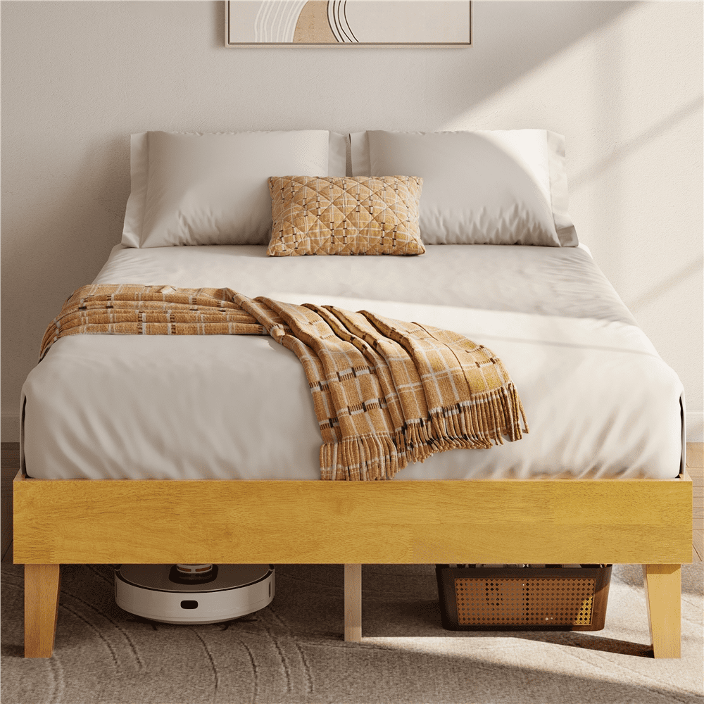 Renwick Full Size Wooden Platform Bed Frame with Sturdy Slat Support, Natural Wood, All Ages
