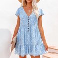 thumbnail image 2 of Prolriy Robes Printemps Été pour Femmes 2025 Robes d'Été à Manches Courtes à Fleurs Col en V Boutonnée Robes Courtes pour Femmes, Robes pour Femmes Bleu TTG, 2 of 6