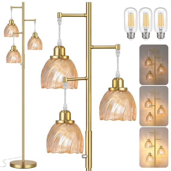66" Dimmable Gold Floor Lamps for Living Room, Vintage Tree Standing Lamp with Amber Glass Shades, 3 Light Mid Century Flower Floor Lamps for Bedroom, Office