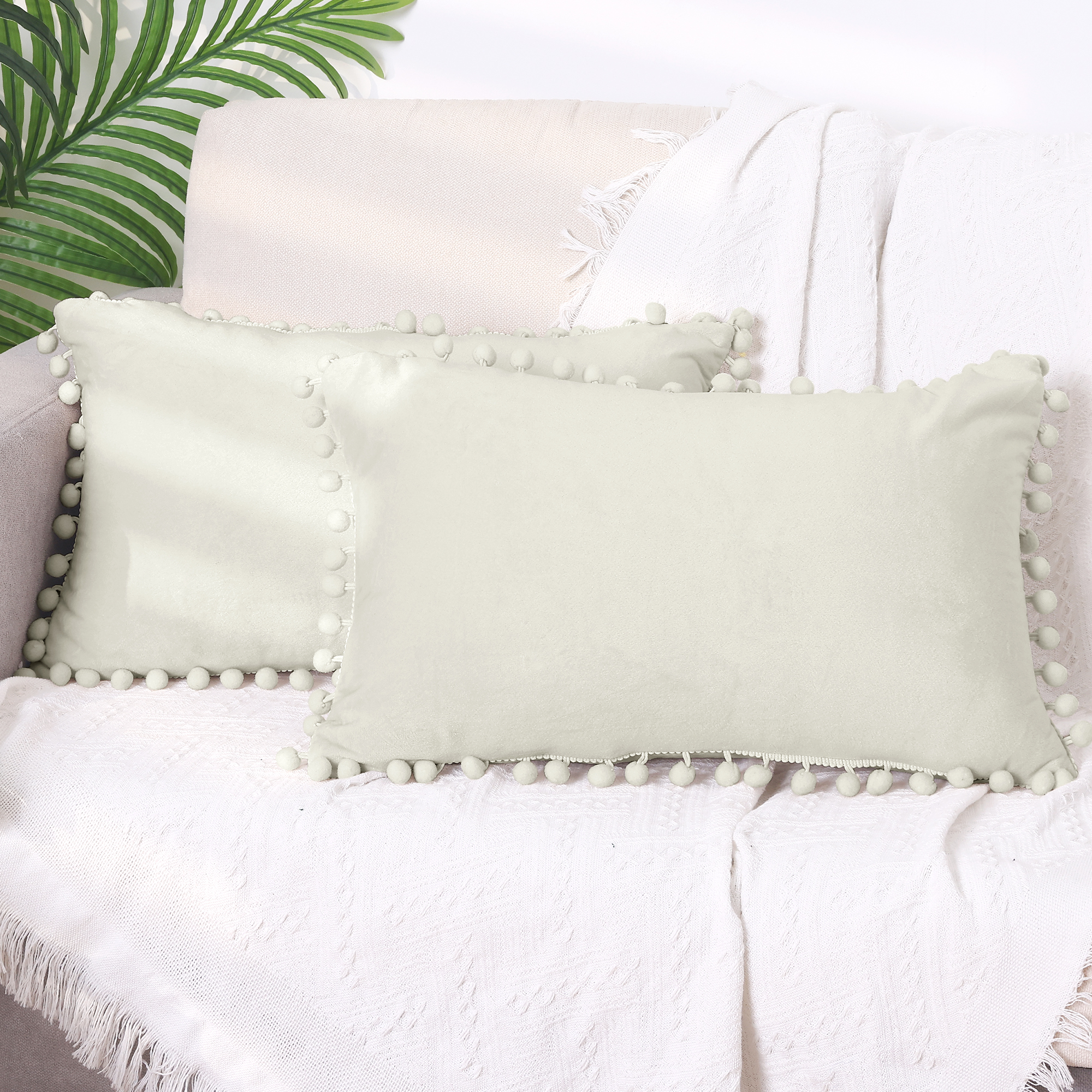 Unique Bargains 2 Velvet Throw Pillow Covers Pompoms Decorative Pillow Cases Cushion Cover Beige 12" x 20"