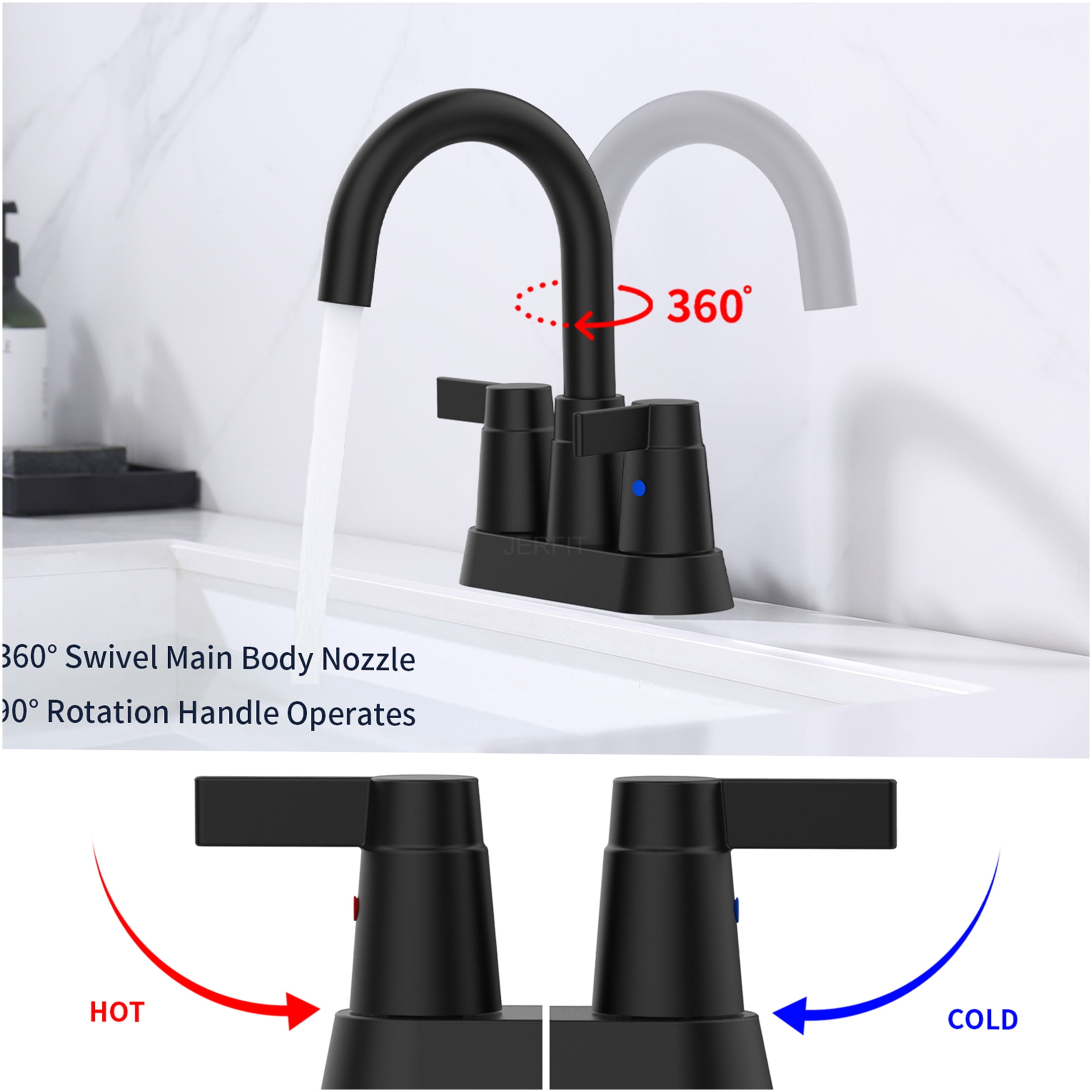 JERFIT Modern 2-Handle Centerset Bathroom Sink Faucet with 360° Swivel Spout, High Arc Matte Black 4" 3-Hole Deck Mount Faucet