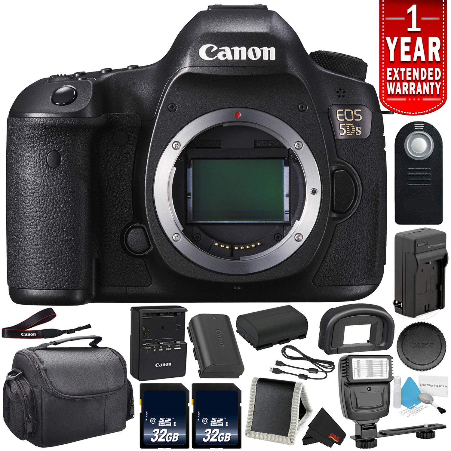 Canon EOS 5DS Digital SLR Camera 0581C002 (Body Only) - Bundle with 32GB Memory Card + Spare Battery + Digital Slave Flash + More (International Version)