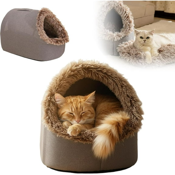 Cat Caves for Indoor Cats, 2026 New Soft Winter Warm Pet Cave Bed, Removable Cushion Warming Pets Cozy Enclosed Cat House with Non-Slip, Cozy Indoor Nest for Cats and Small Dogs (Brown, M)
