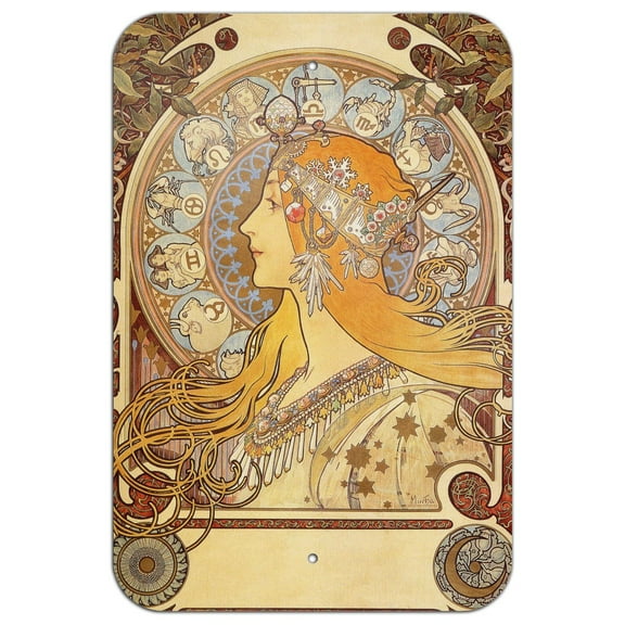 Zodiac Alphonse Mucha Art Nouveau Home Business Office Sign - Metal - 6" x 9" (15.3cm x 22.9cm)