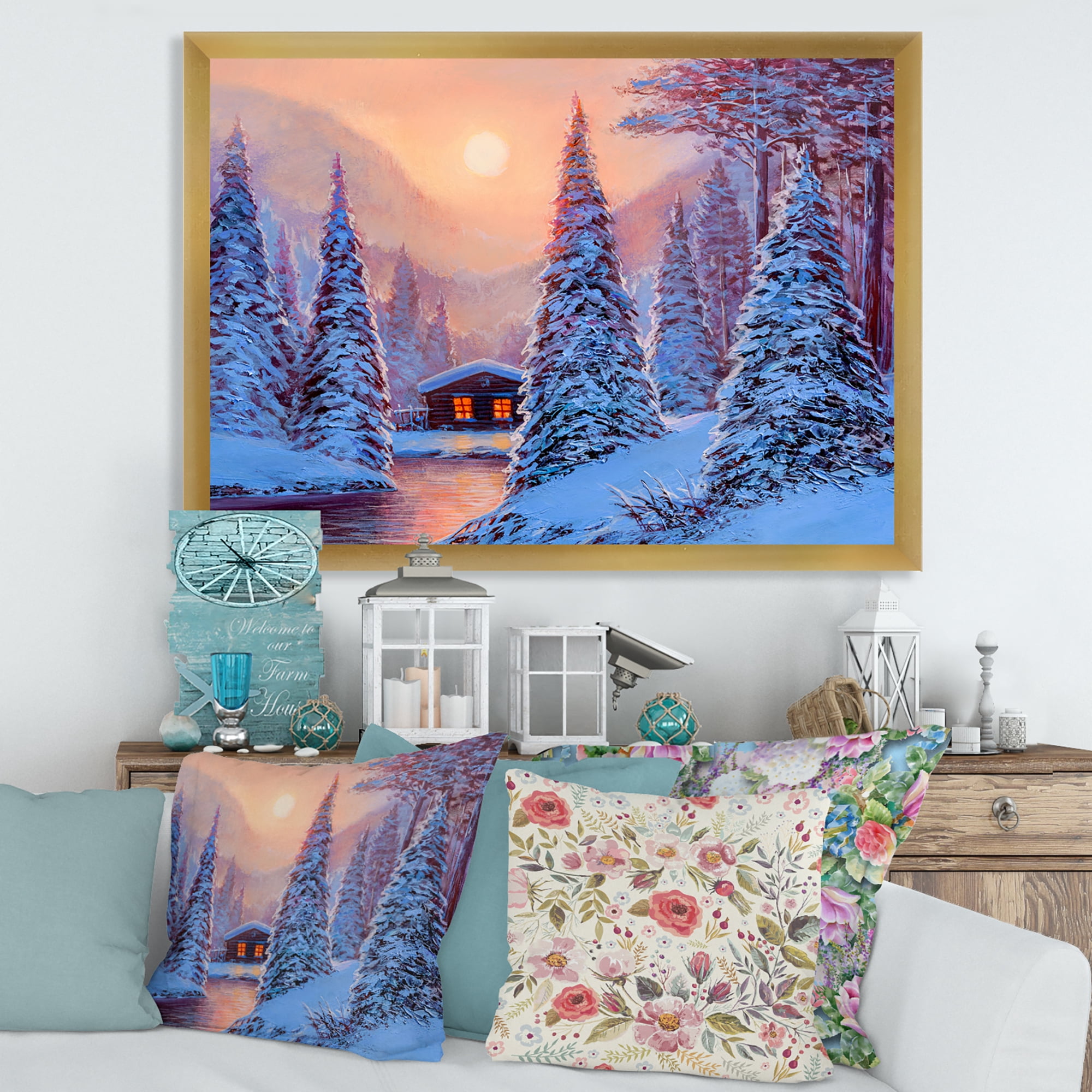 Designart 'The River House In The Woods and Winter Landscape I' Lake House Framed Art Print