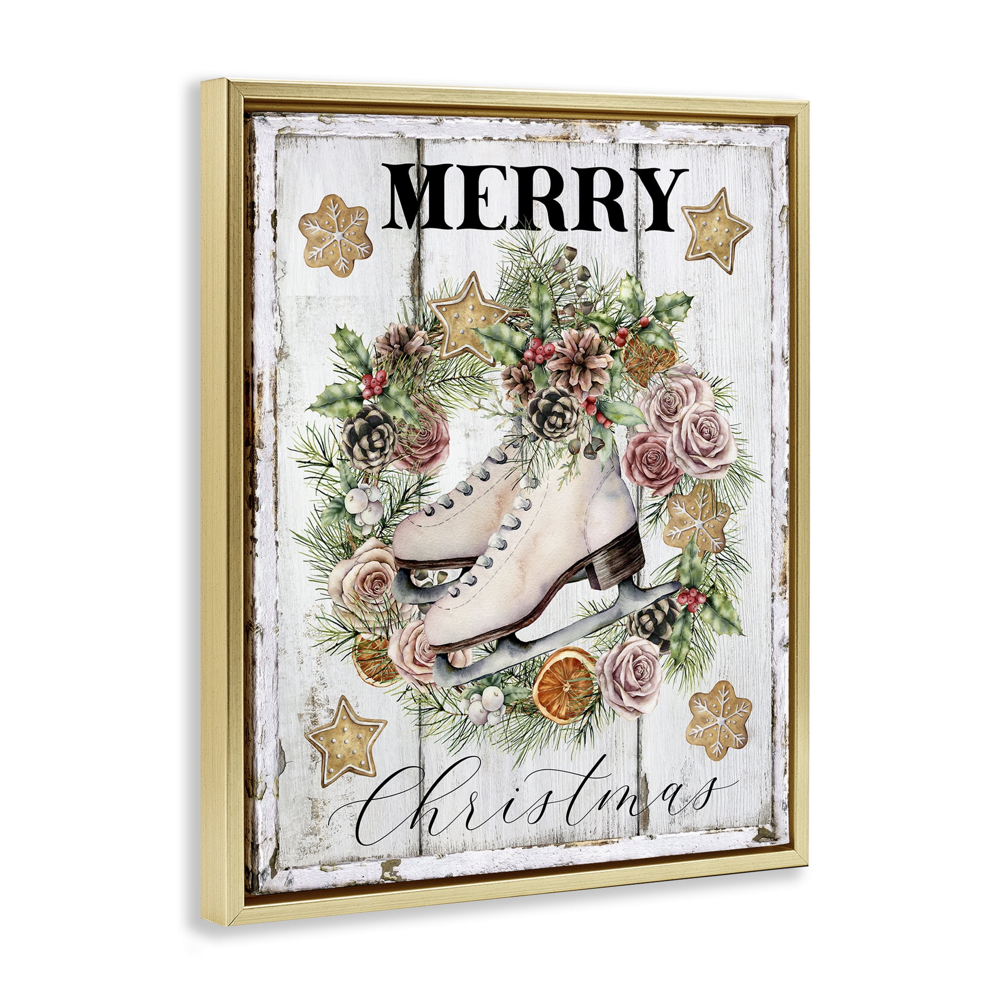 Stupell Industries Winter Ice Skates Holiday Painting Gold Floater Framed Canvas Art Prints Wall Art, 25 x 31