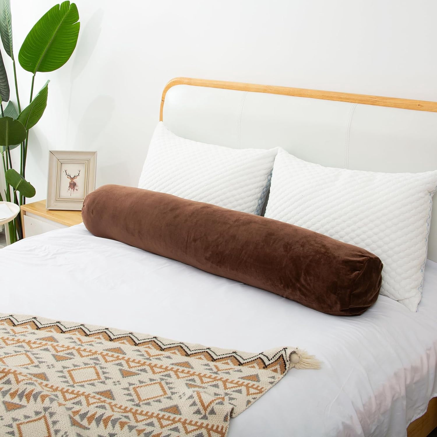 Bolster Pillow for Bed, Long Round Body Pillow for Adults with Removable Velvet Cover, Decorative Tube Roll Cylinder Pillow,