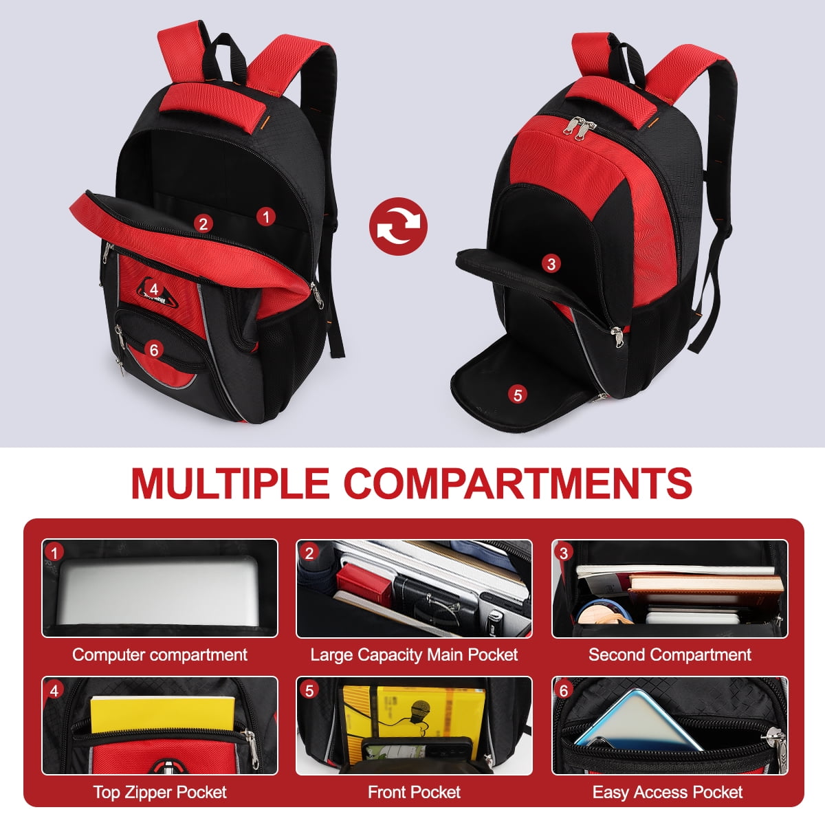 Extra Large Travel Backpack with Laptop Pocket,35L Lightweight Travel Work College School Bag for Men and Women,Red,06512