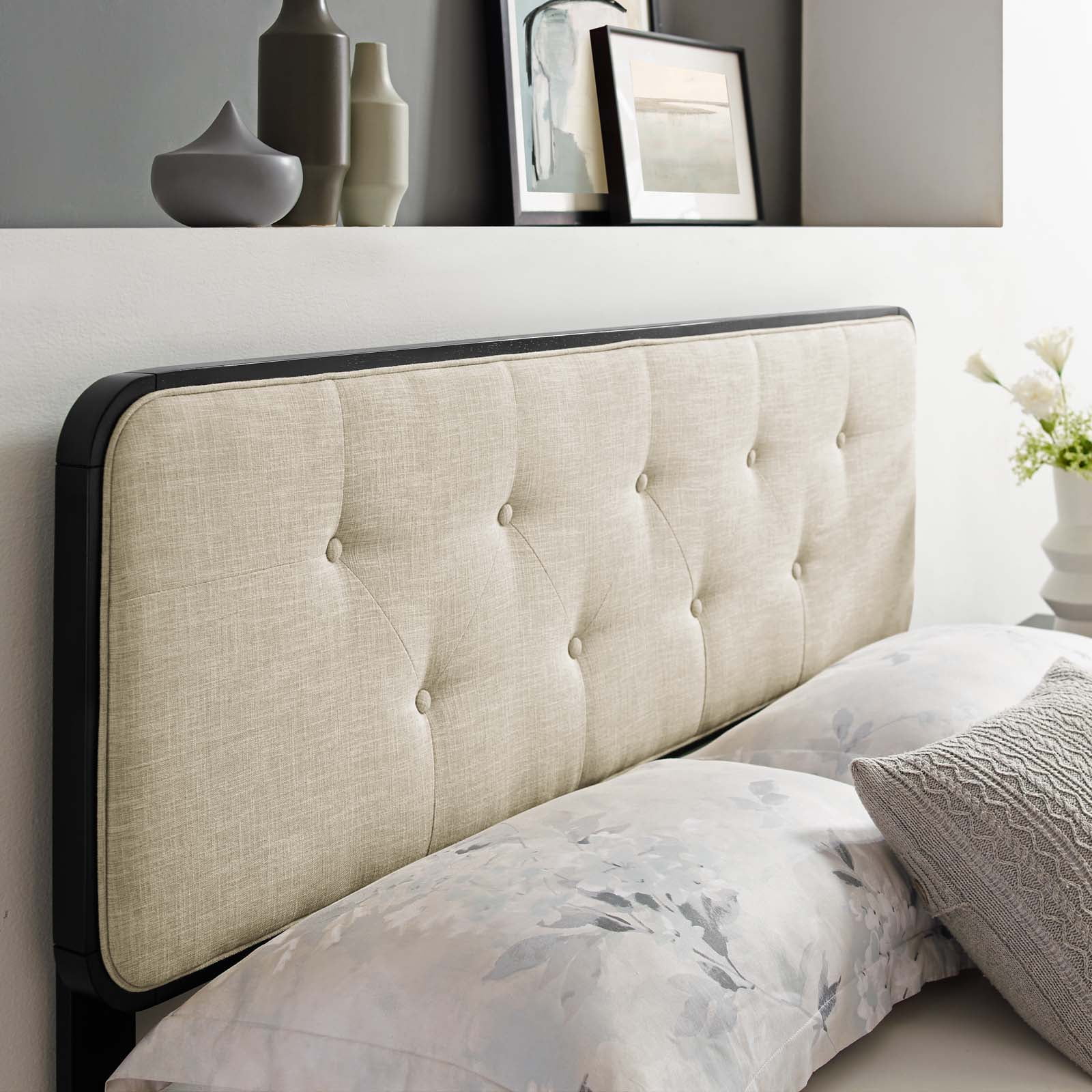 Tufted Headboard, Queen Size, Wood, Fabric, Black Beige, Modern Contemporary Urban Design, Bedroom Master Guest Suite