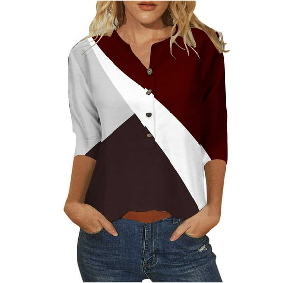 Summer Casual Tops for Women 3/4 Sleeve Button up V Neck Dressy Basic T Shirts Blouses Color Block Womens Summer Outfits